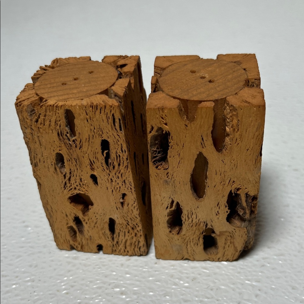 Vintage Natural Cork Wood Block Pair - Rustic Tan Salt & Pepper Shakers RARE